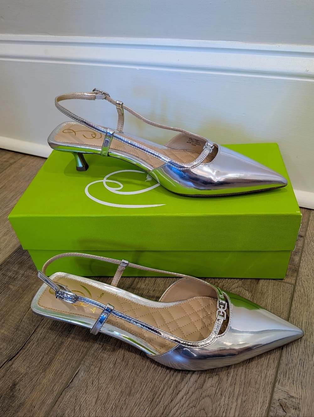 NIB Sam Edelman Toni Metallic Silver Pointed Toe Slingback Kitten Heels | 7.5